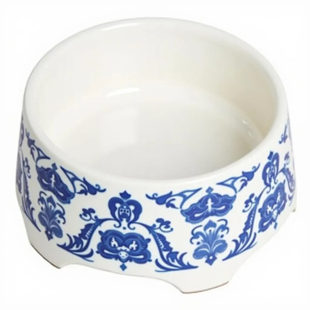 A beautiful blue and white ceramic dog bowl