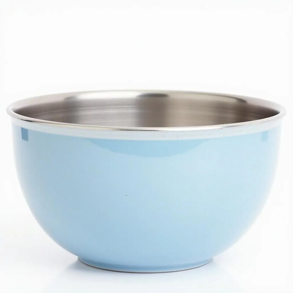 A durable blue and white stainless steel dog bowl