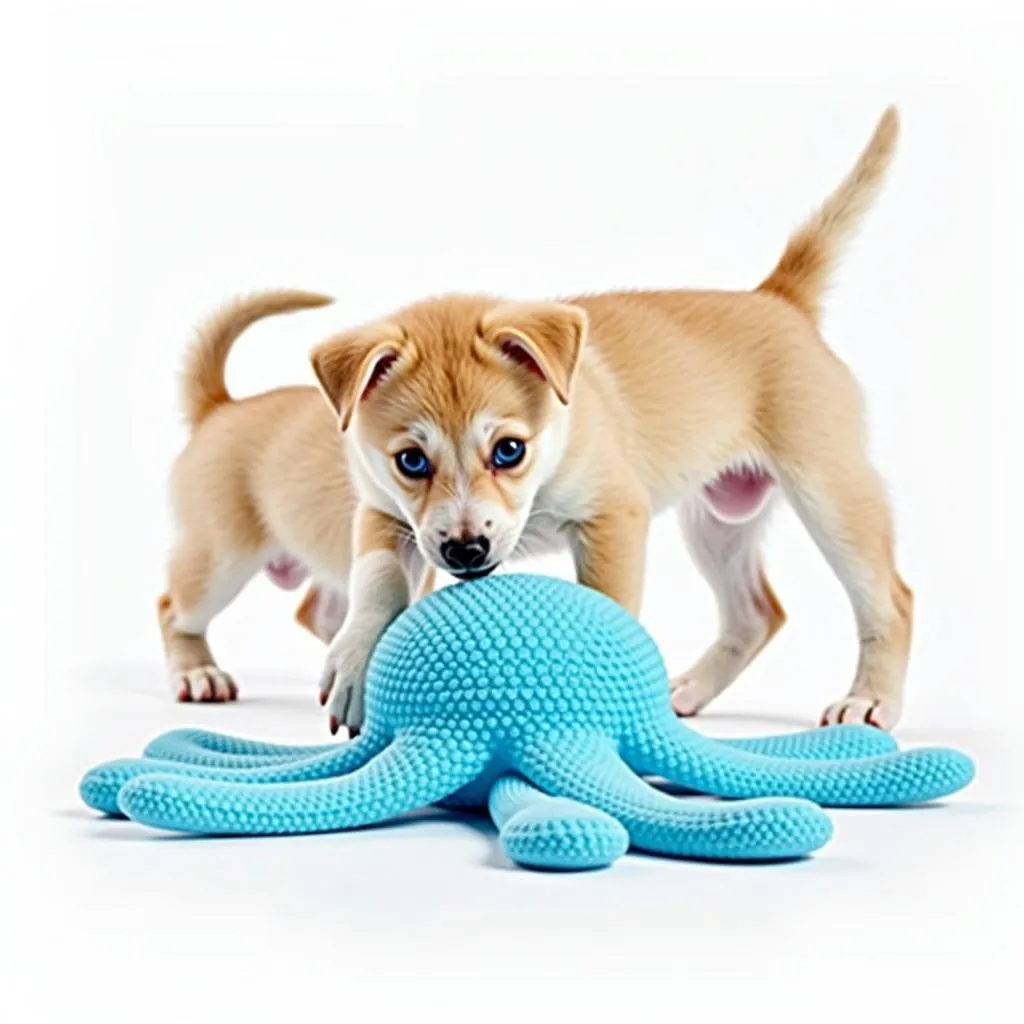 A happy puppy playing with a blue octopus dog toy, showing its playful nature and engagement