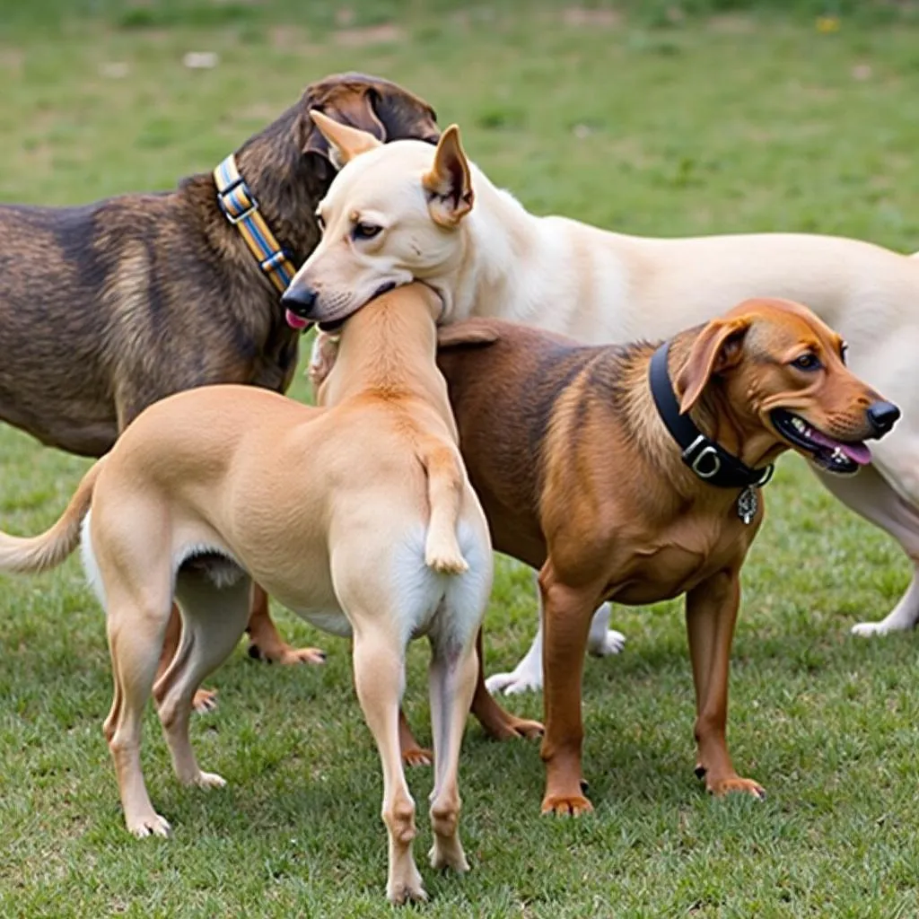 Dogs socializing with each other in a board and train program in San Diego