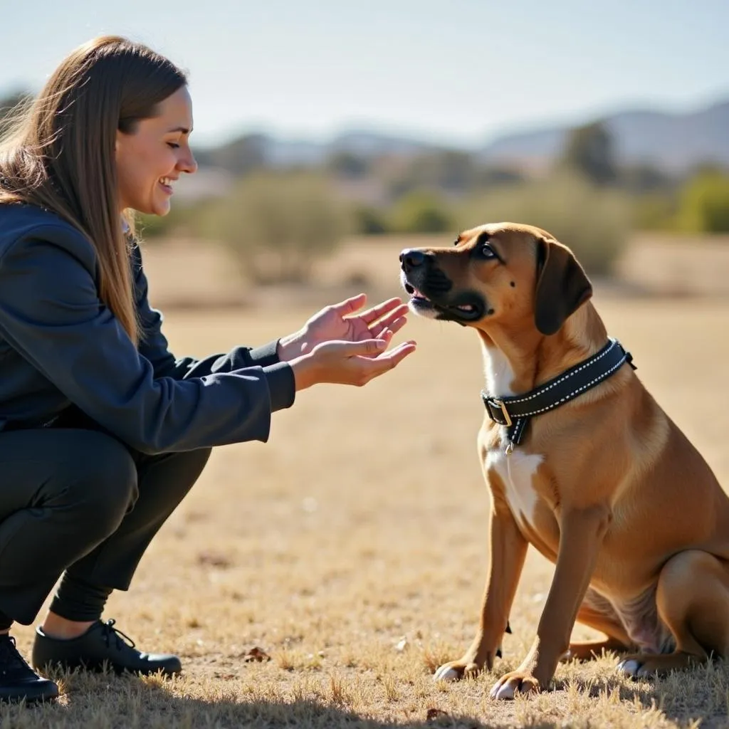 A professional dog trainer working with a dog in a board and train program in San Diego