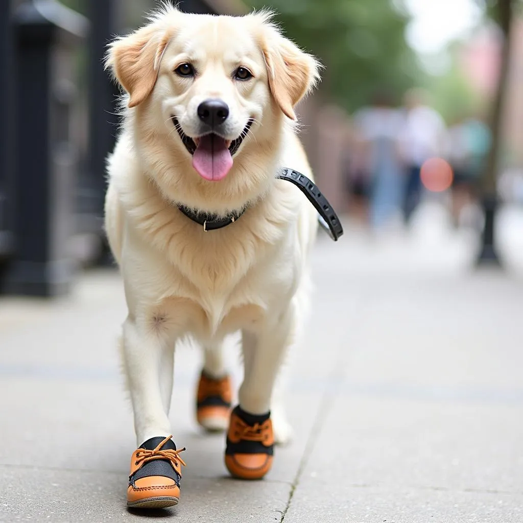 A dog wearing boat shoes walks on a city sidewalk