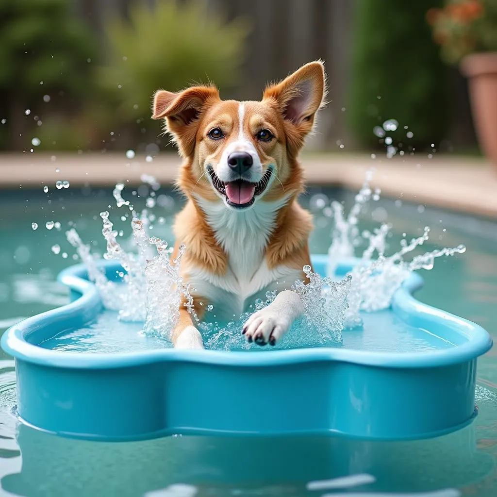 Happy dog enjoying a swim in a bone-shaped pool