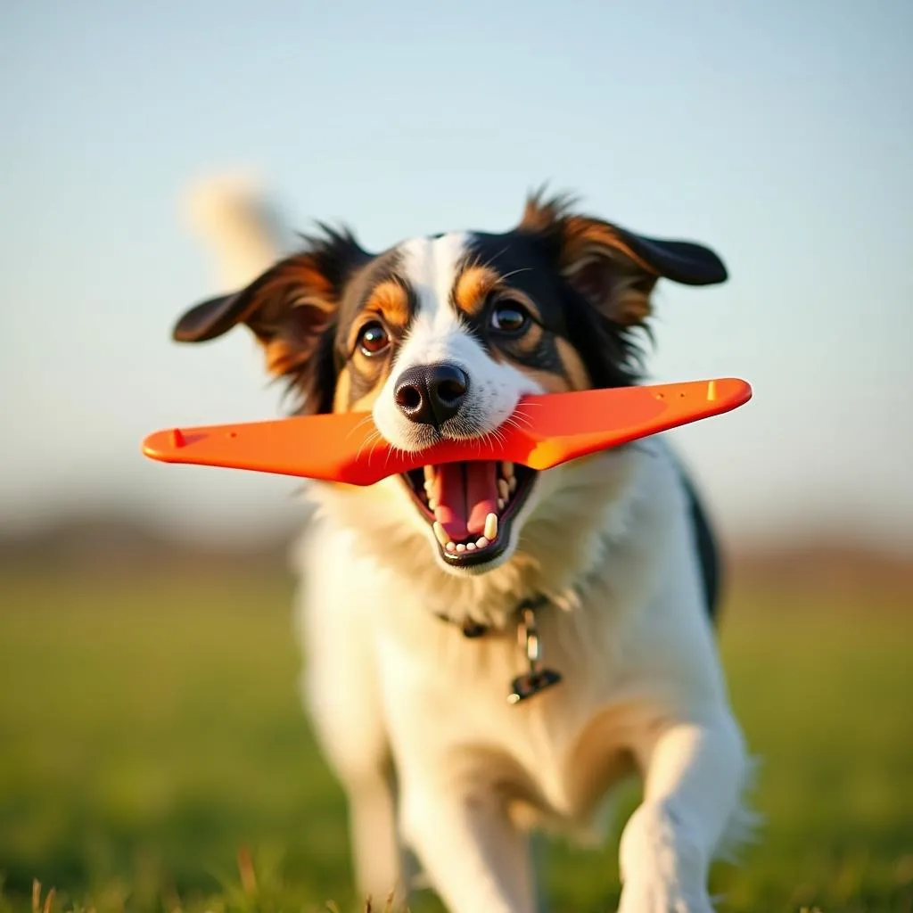 Boomerang dog toy in flight, creating a dynamic and engaging experience for your dog.