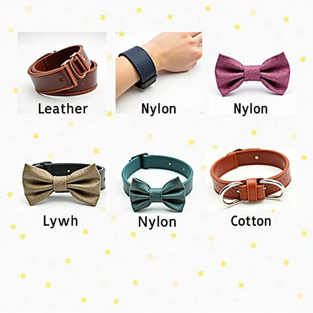 Dog bow collar materials - showing leather, nylon, cotton collars with bows