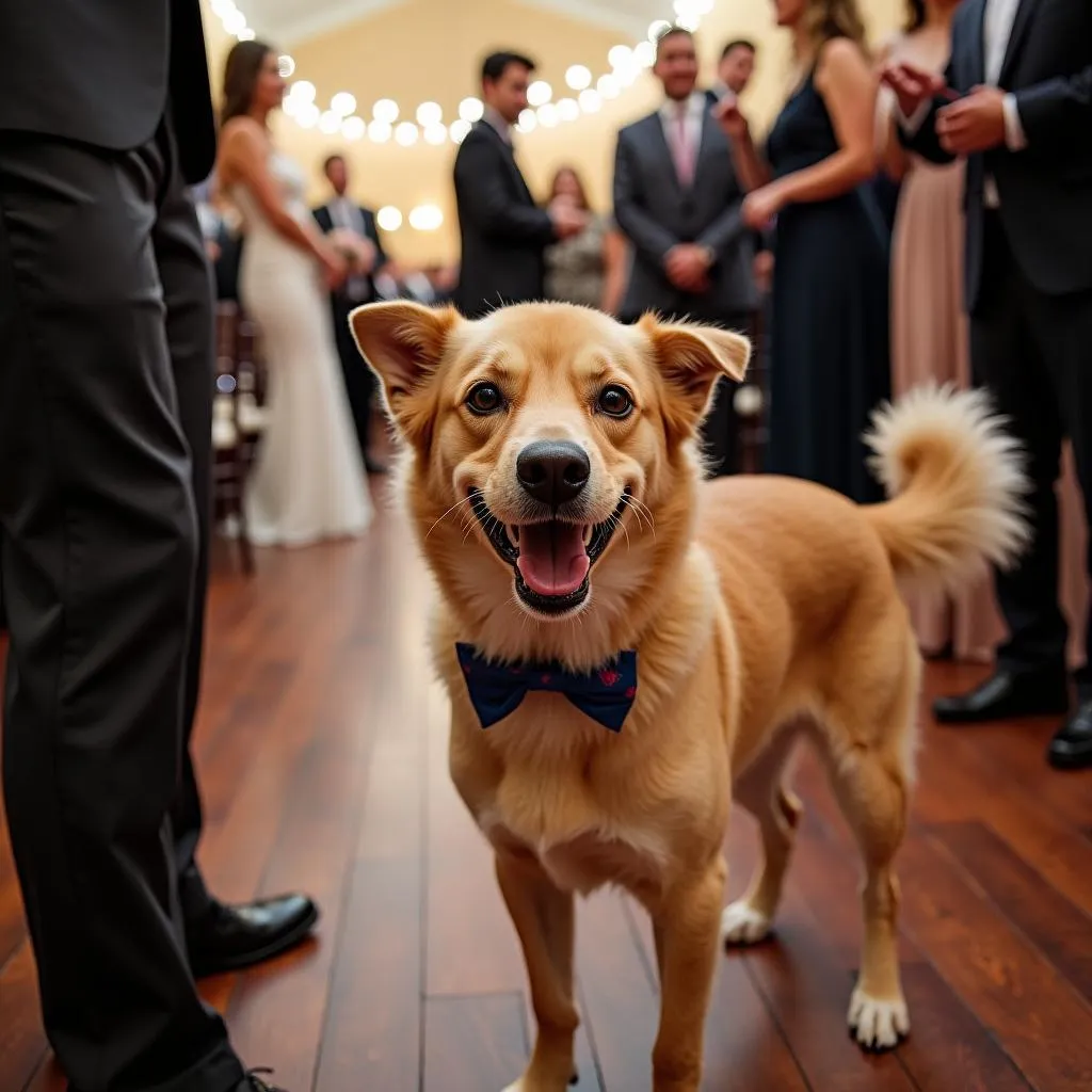 Dog with a bow tie at a wedding reception