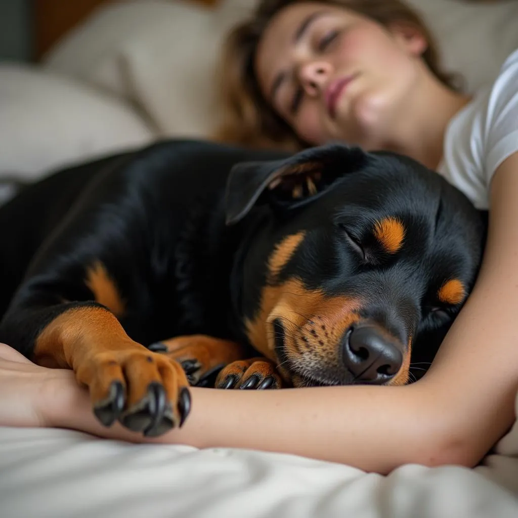 Bruder dog snuggling in bed with his human