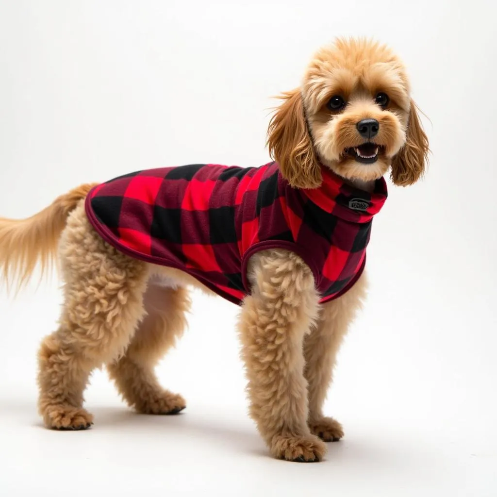 Dog wearing a buffalo check sweater