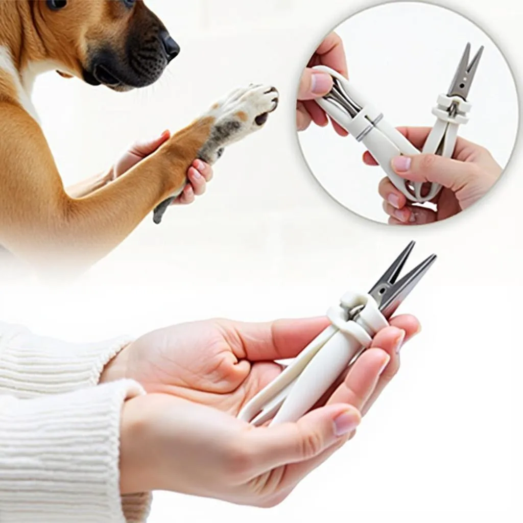 Bulldog clamp being used to hold a dog's paw while trimming nails