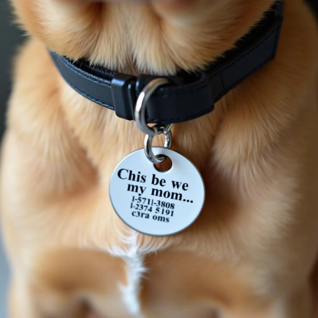 A dog with a call my mom dog tag