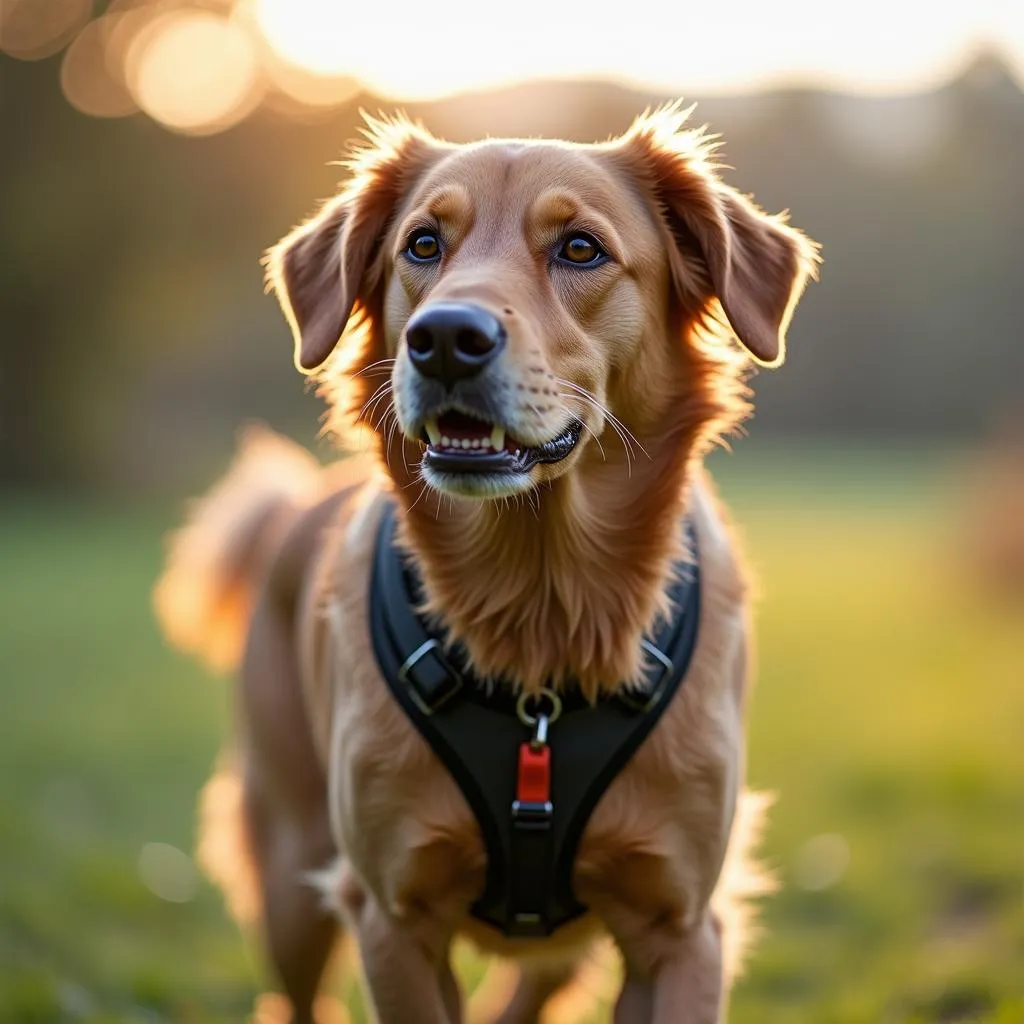 A Black Canicross dog wearing a running harness, ready to hit the trail.