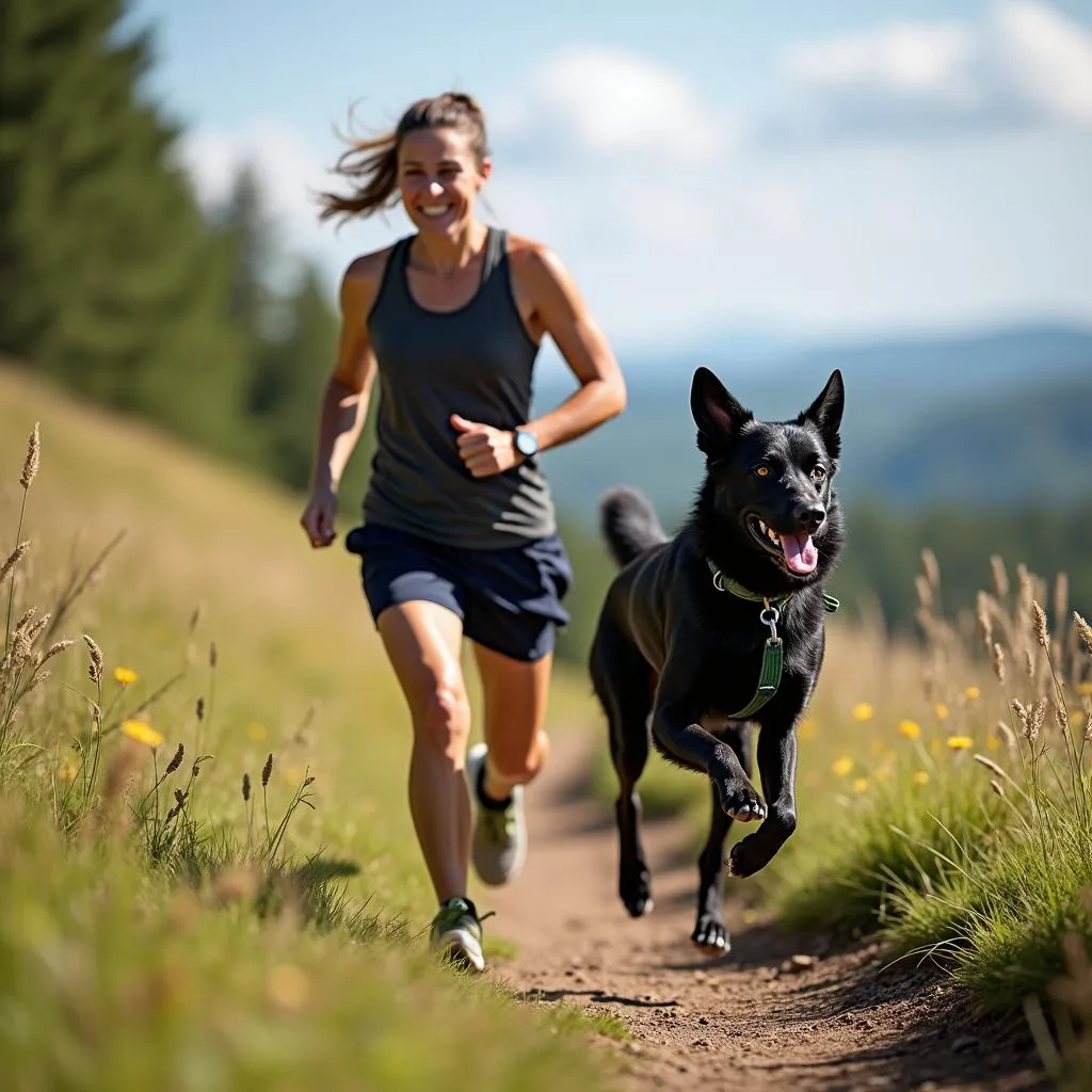 A black Canicross dog running through a trail with its owner.