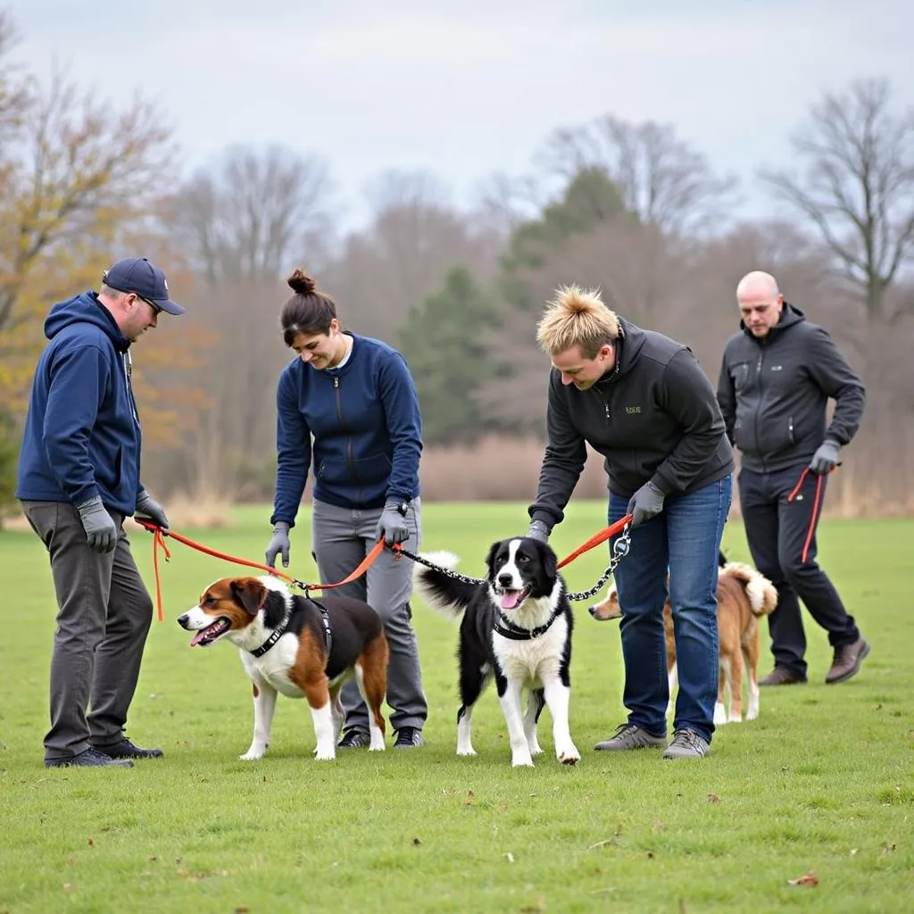 A group of people and their dogs learning canicross techniques in a training class.