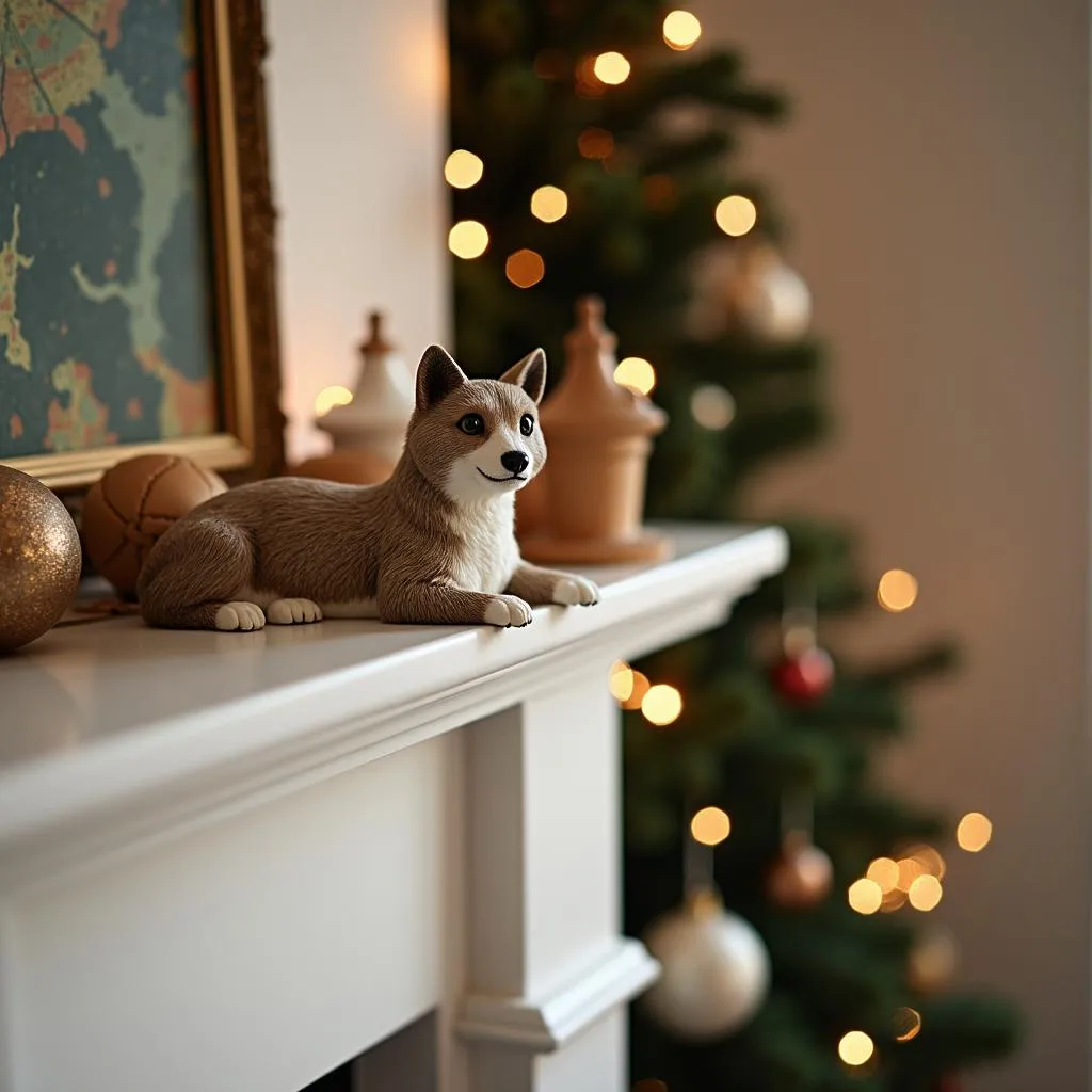 Cat dog ornament displayed on a fireplace mantelpiece