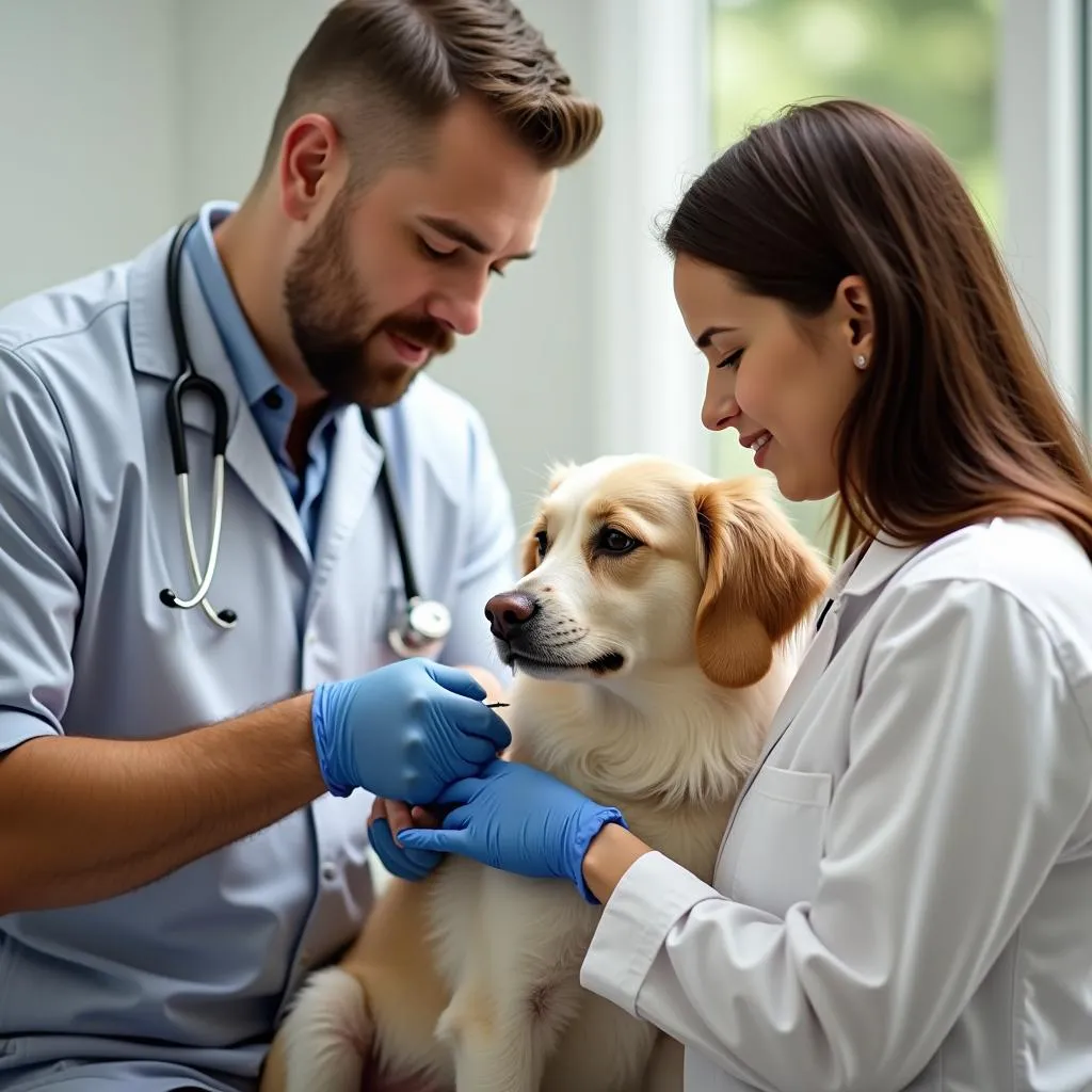 Vet Examining Dog Before Using Cauterizing Stick