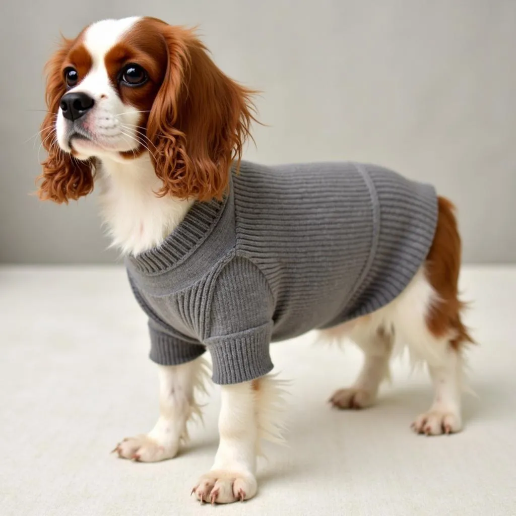 Cavalier dog wearing a cozy sweater