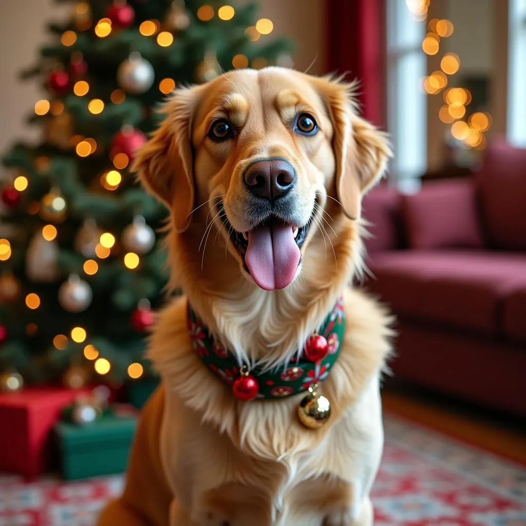 Dog Posing in a Christmas-Decorated Room