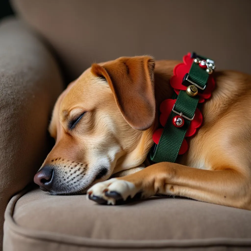 Dog Relaxing at Home with a Festive Collar