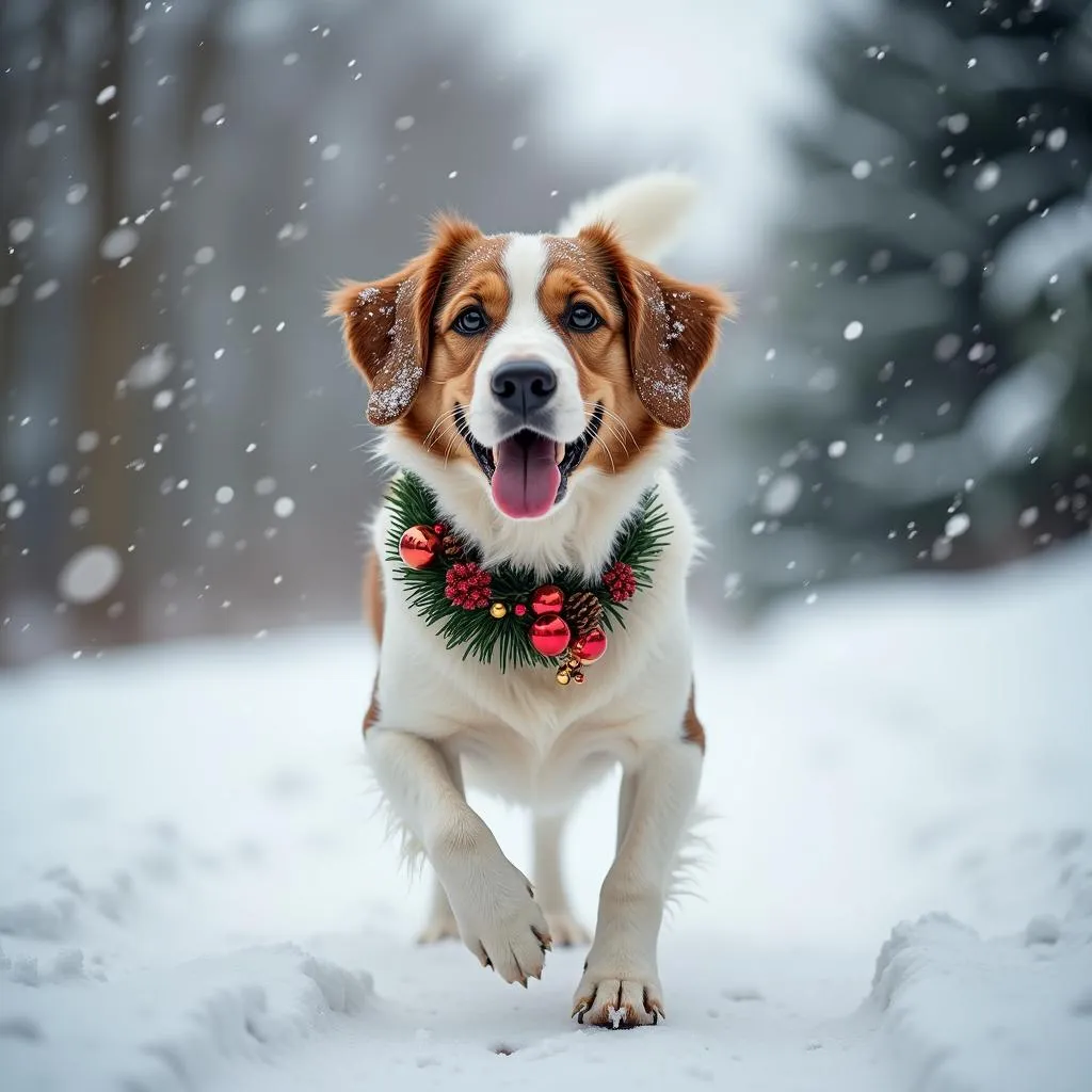 Festive Dog Walking in the Snow with a Christmas Collar