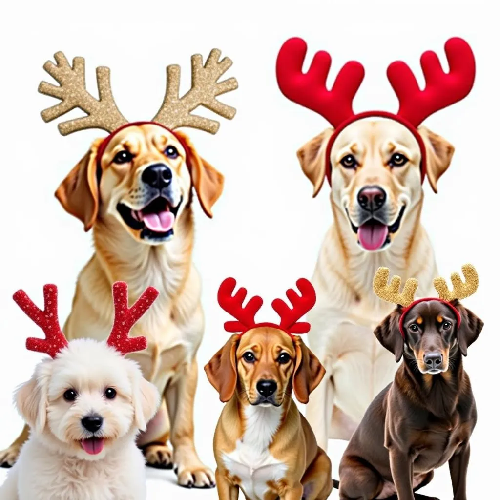 Adorable dogs with Christmas headbands and reindeer antlers