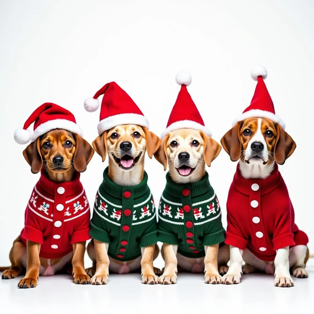 Cute dogs in Christmas sweaters and Santa hats