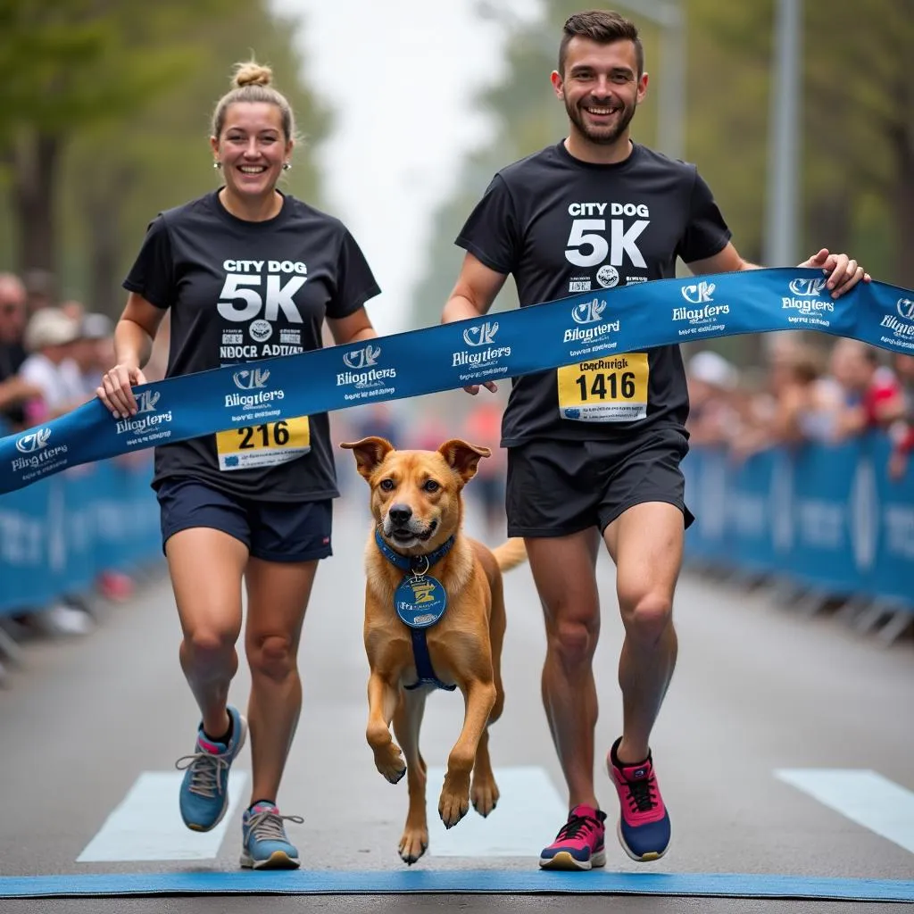 Dogs crossing the finish line at a City Dog 5K