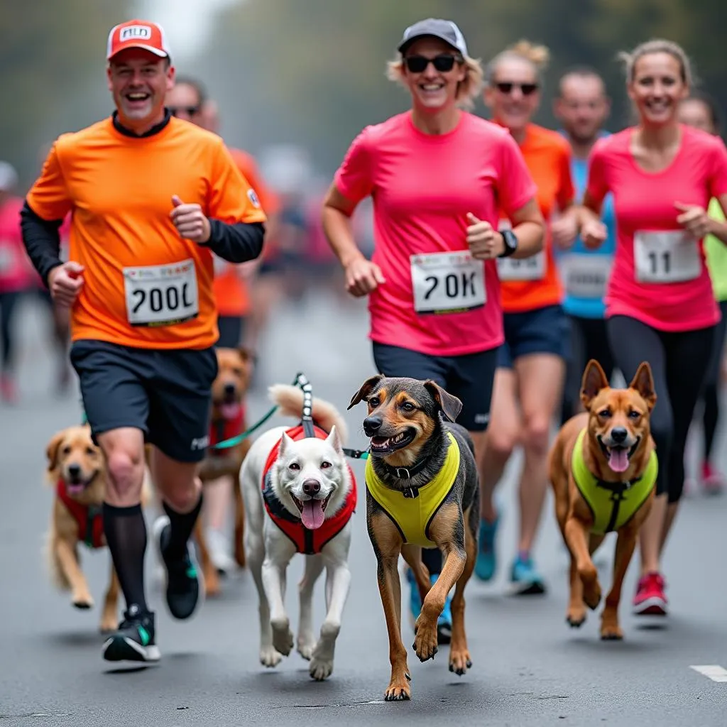 City dog 5k runners enjoying a fun and active day with their pets