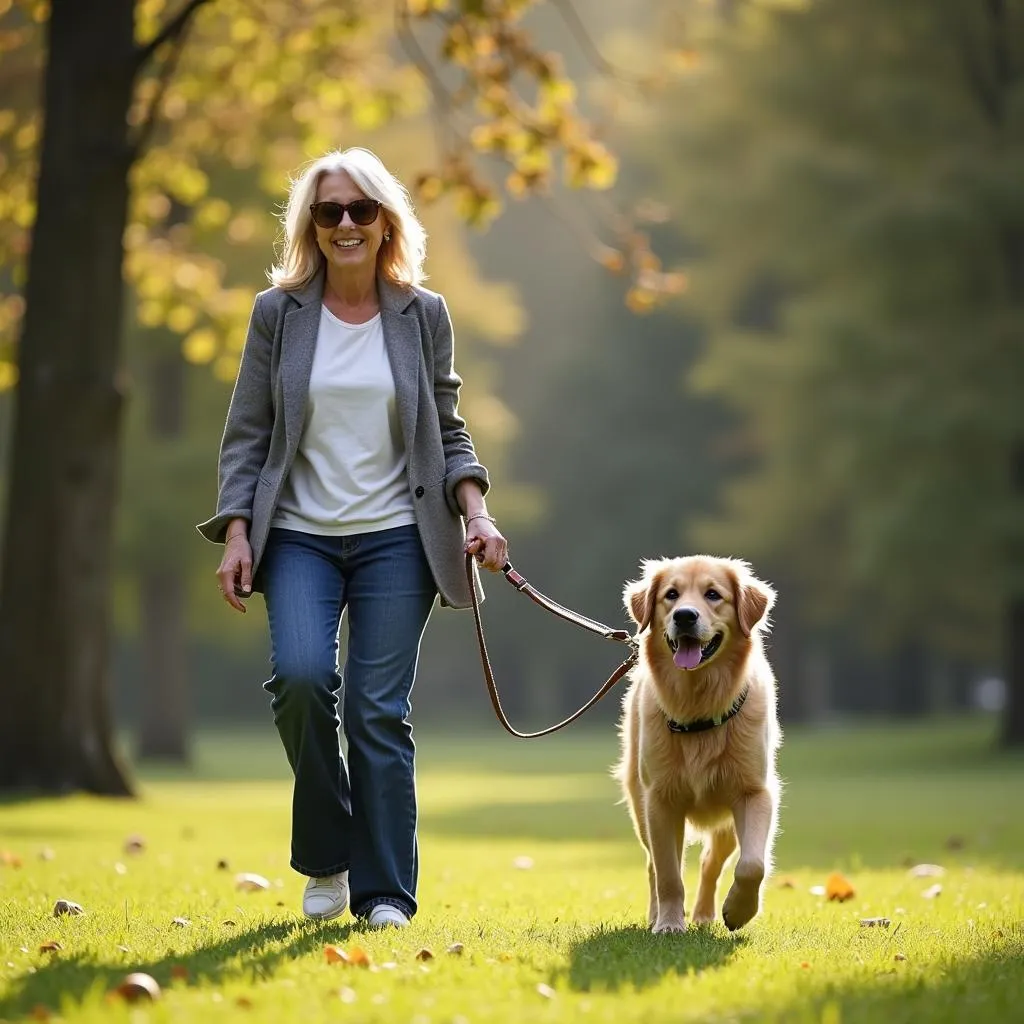 Happy dog owner walking their dog in the park after Clear Skies Dog Training