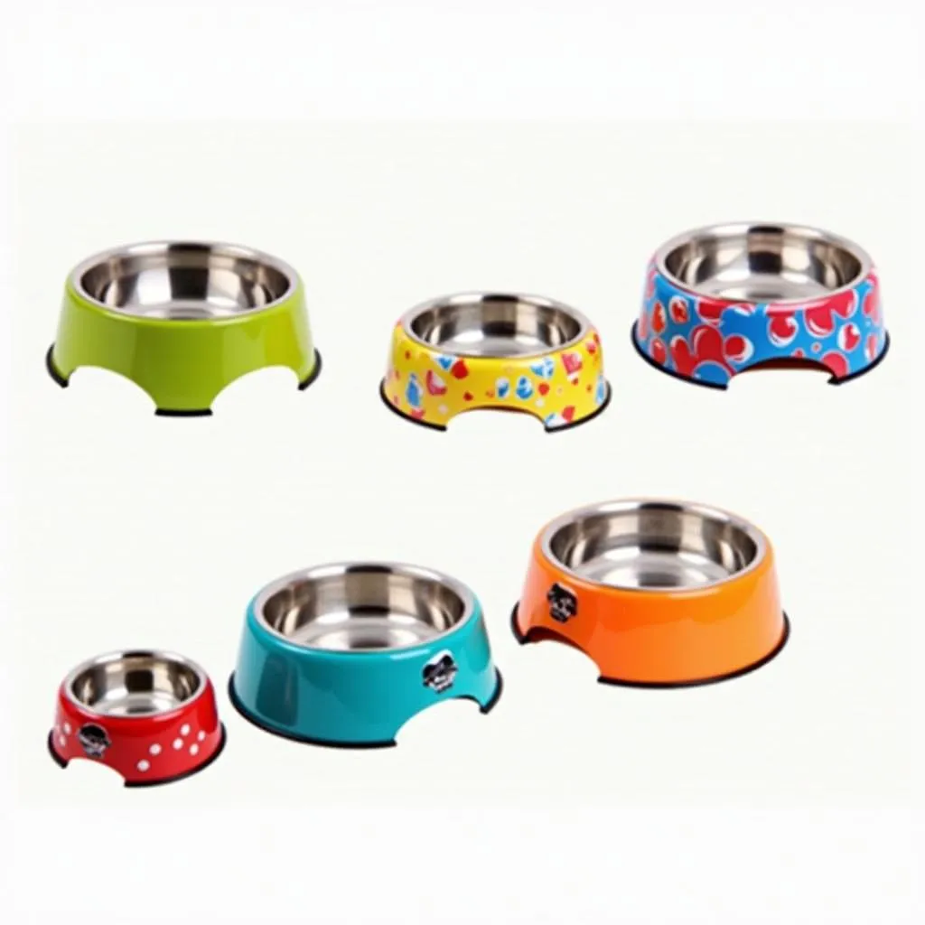 A variety of colorful dog bowls