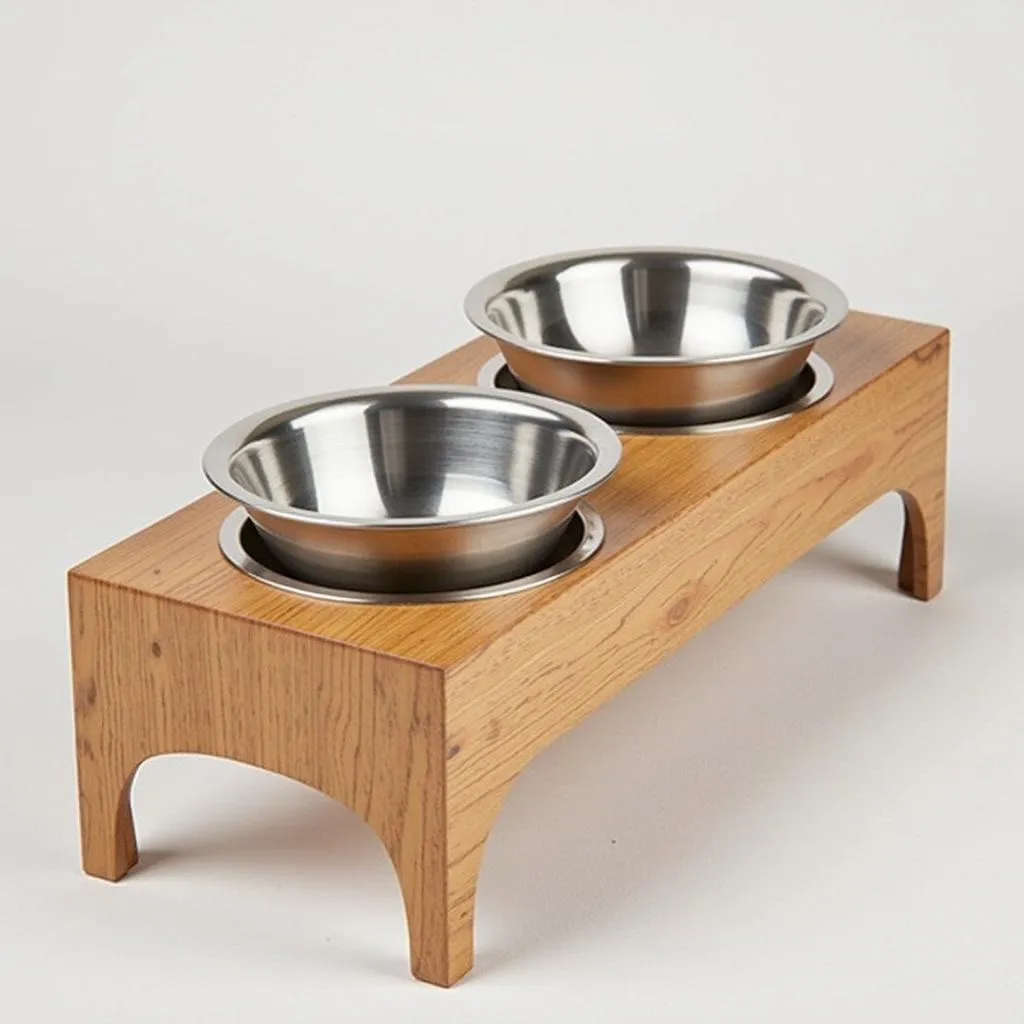 A set of two stainless steel bowls on a wood stand