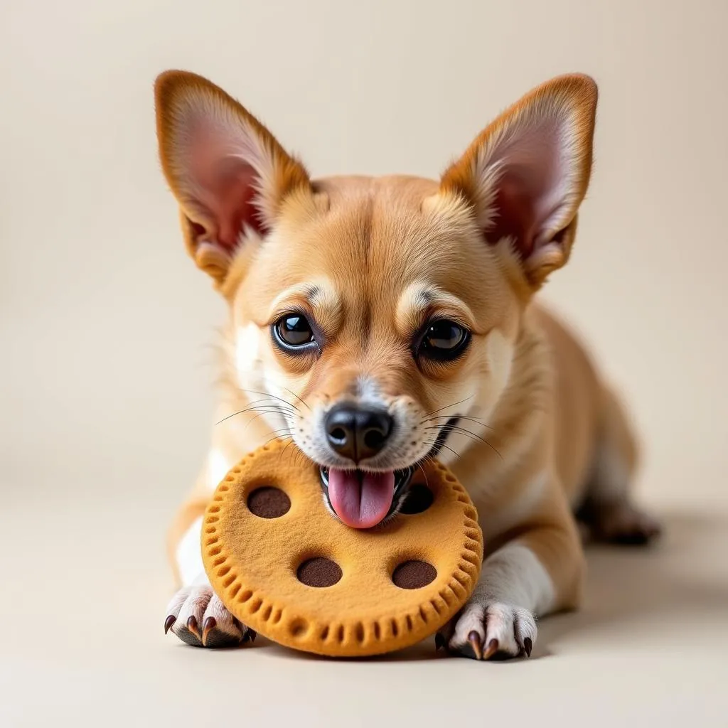 A small dog playing with a cookie dog toy