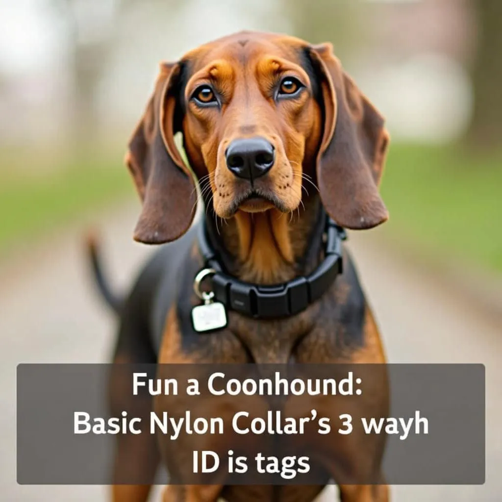 Coonhound dog wearing a basic nylon collar with an ID tag