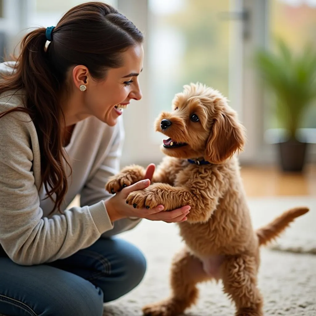 A Country Doodle puppy enjoying playtime with its owner in Hanoi