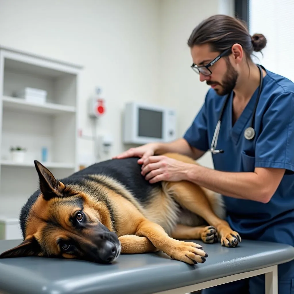 Cow hocked German Shepherd dog being examined by a vet in a clinic