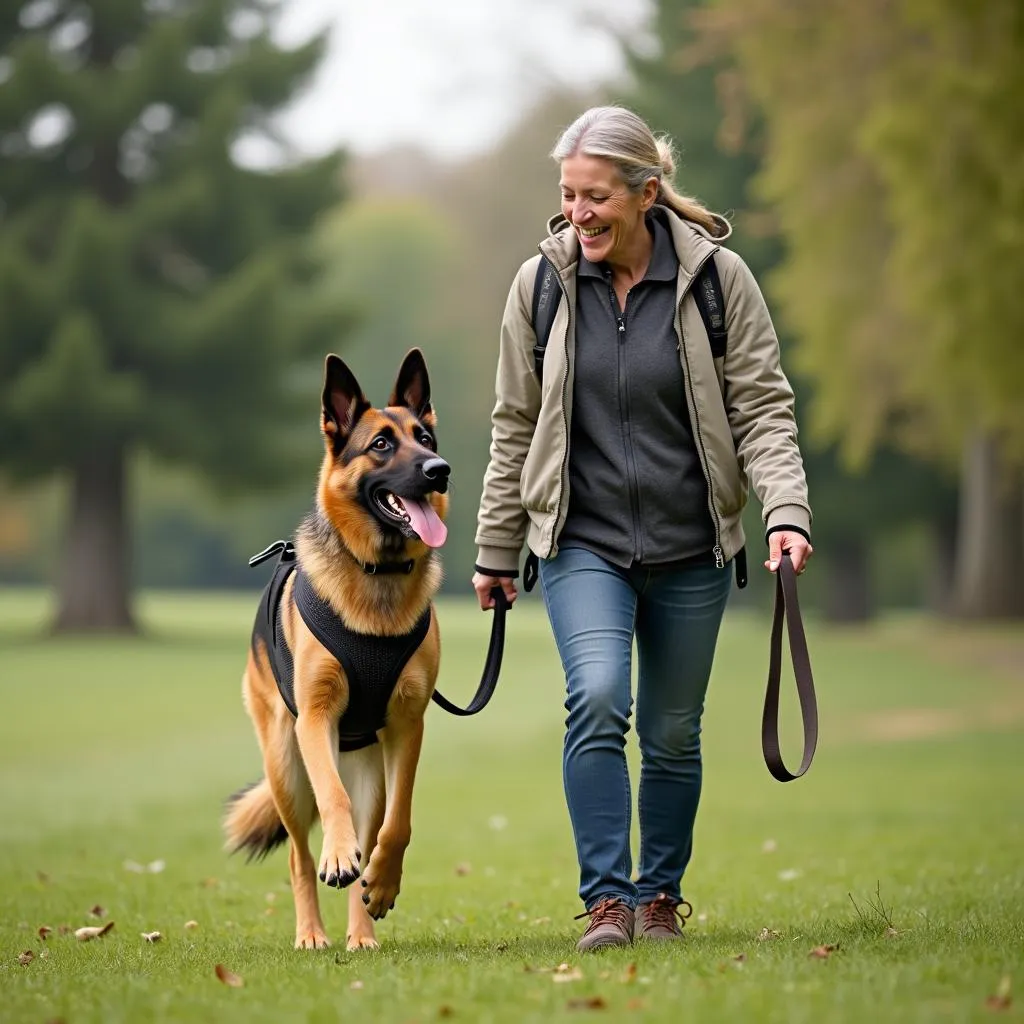 Happy German Shepherd dog with cow hocks walking in the park with its owner