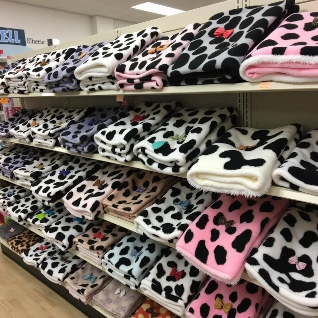 Cow print dog blanket displayed in a pet store