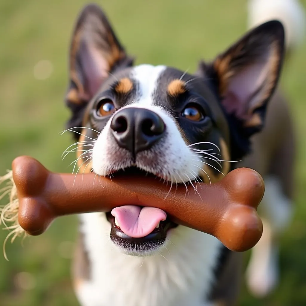 Dog playing with a cow tail toy