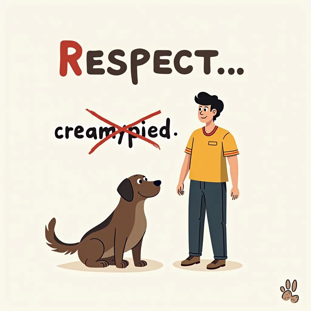 A cartoon illustration depicting a dog and a human with the text "Creampied" crossed out and replaced with "Respect" written in bold