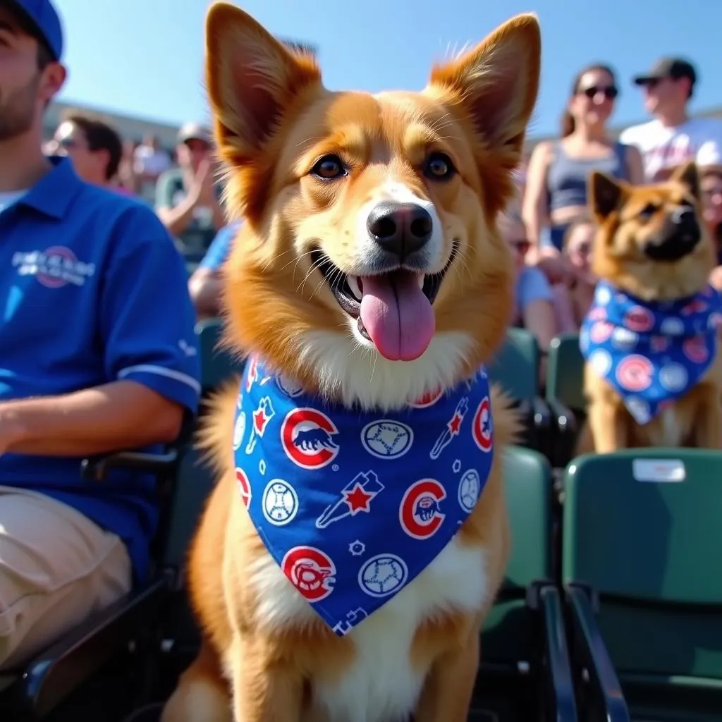 Chicago Cubs dog bandana on a dog at a game