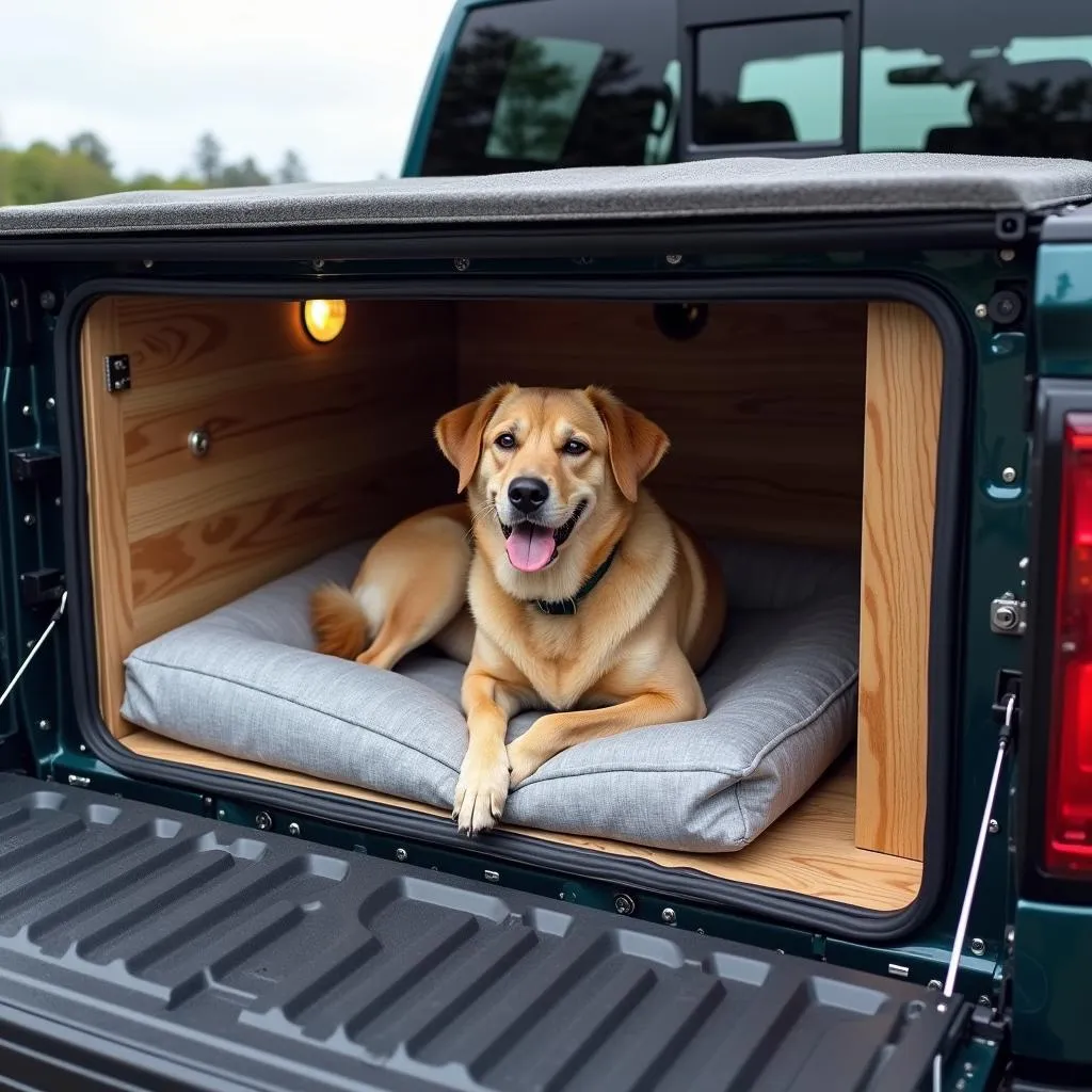 Dog inside a custom dog box for trucks