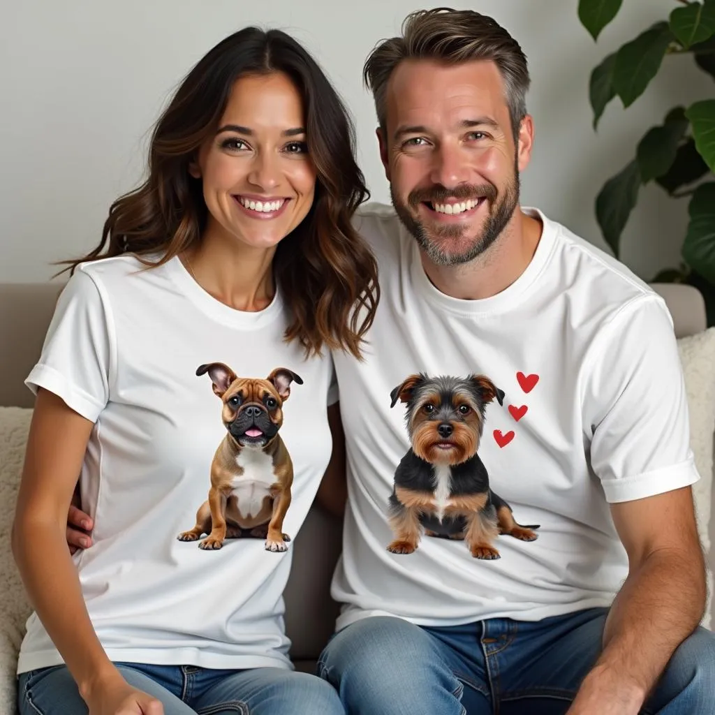 A happy dog owner wearing a custom dog shirt with a picture of their furry friend