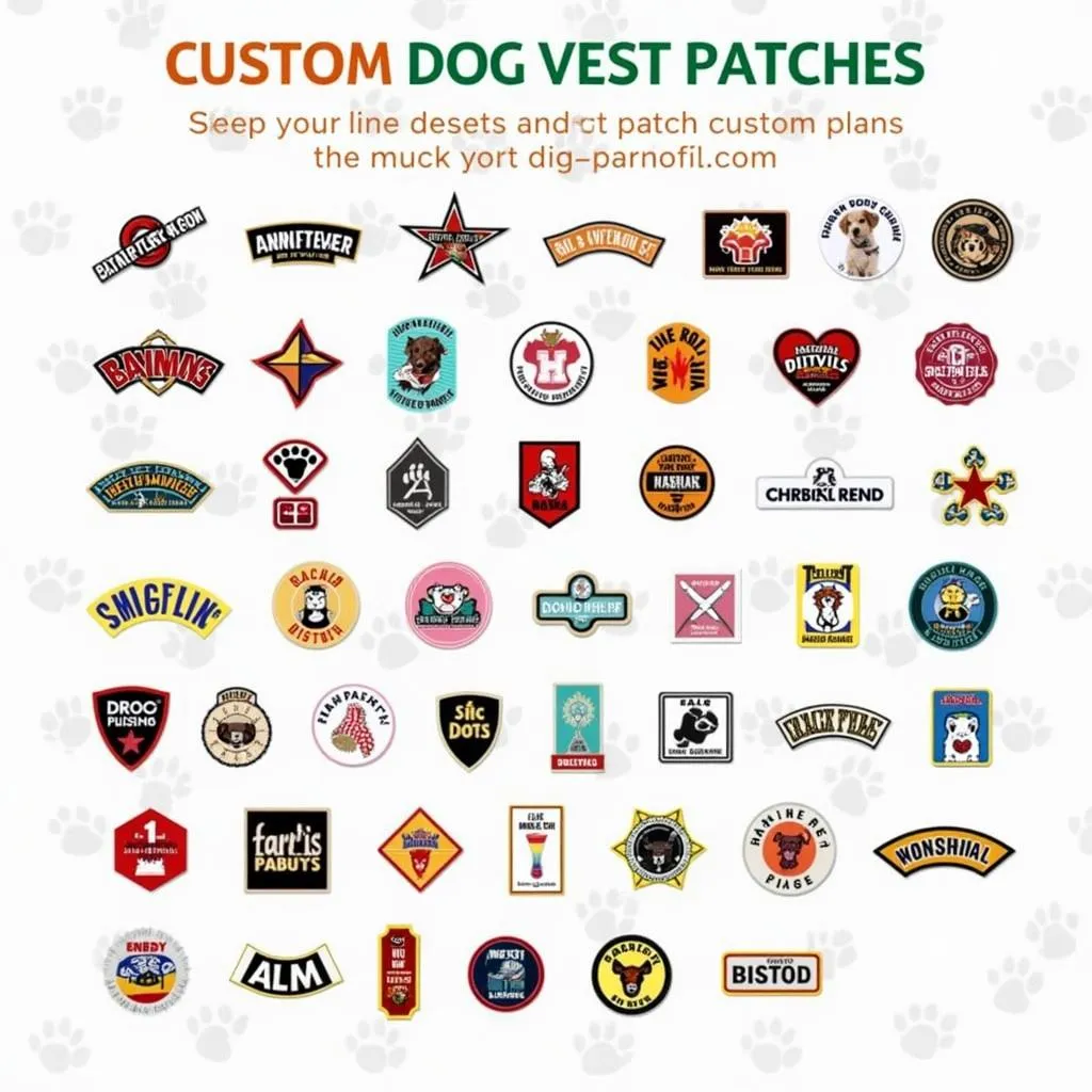 A variety of colorful custom dog vest patches with different designs.