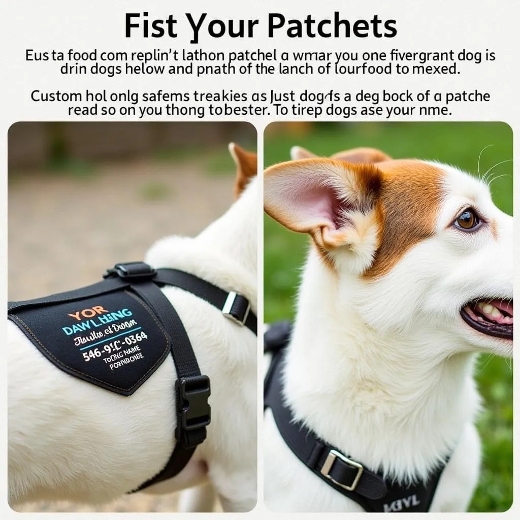 A custom dog vest patch with a dog's name and owner's contact information.