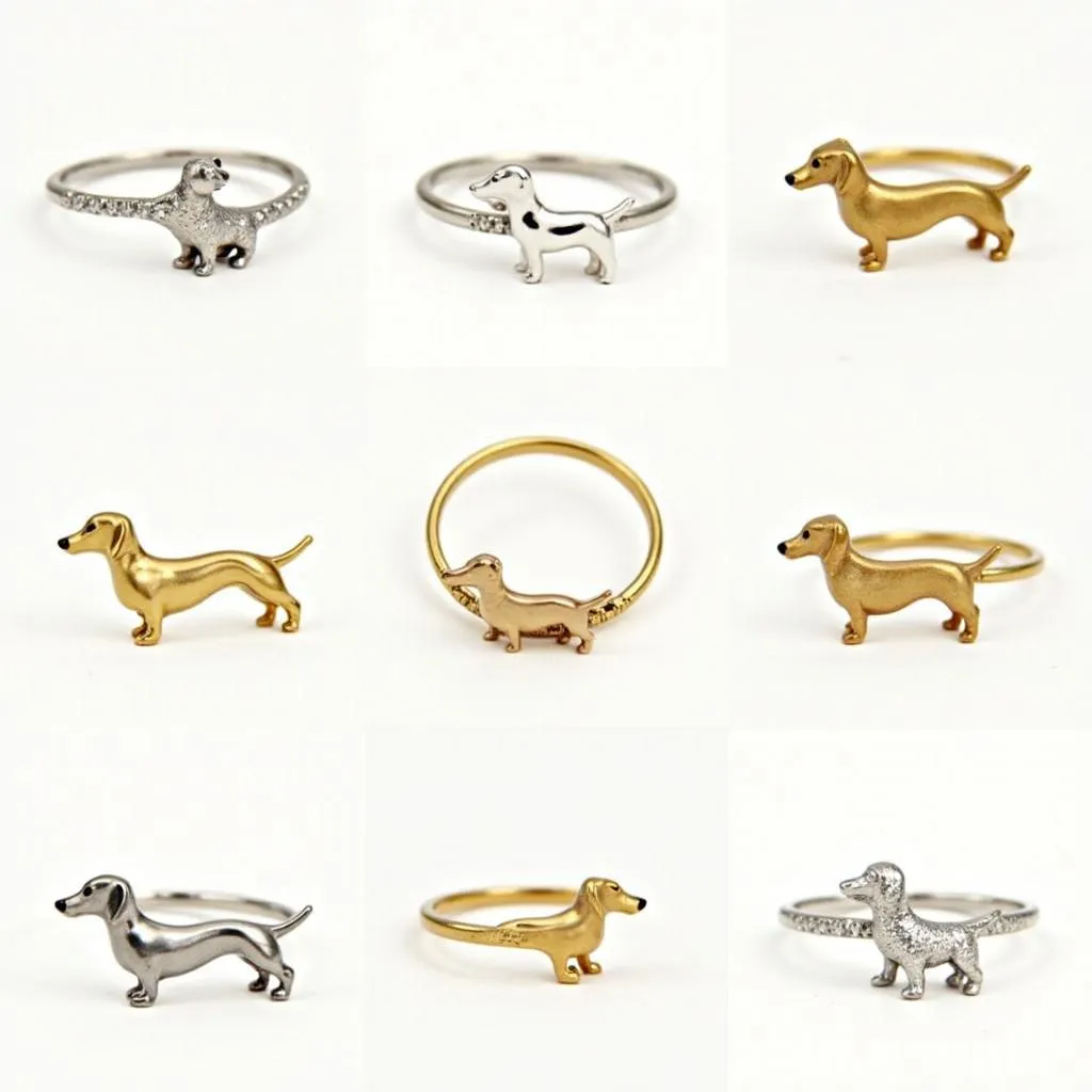 A collection of dachshund rings in different styles, materials, and sizes.