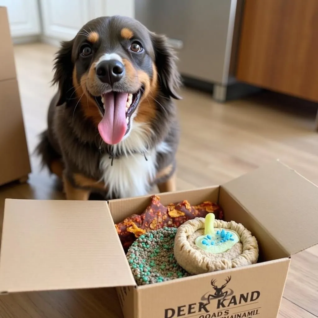 Happy dog enjoying his Deer Creek Dog Box treats and toys