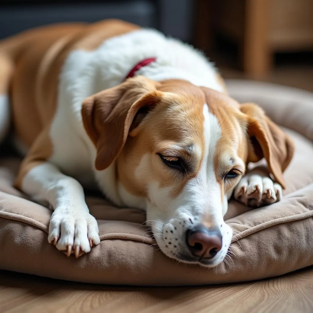 A senior dog resting comfortably on a plush deluxe dog bed