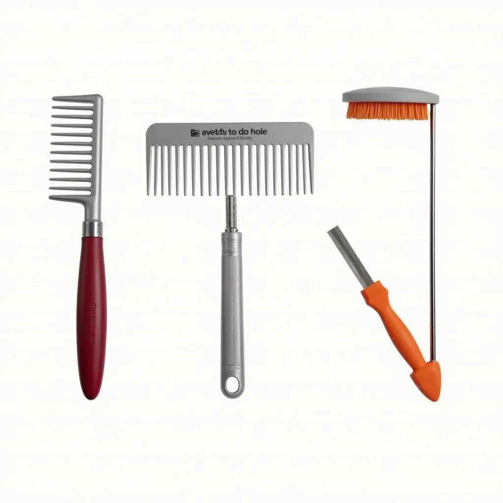 A variety of grooming tools for dogs, including a dematting rake, a comb, and a brush.