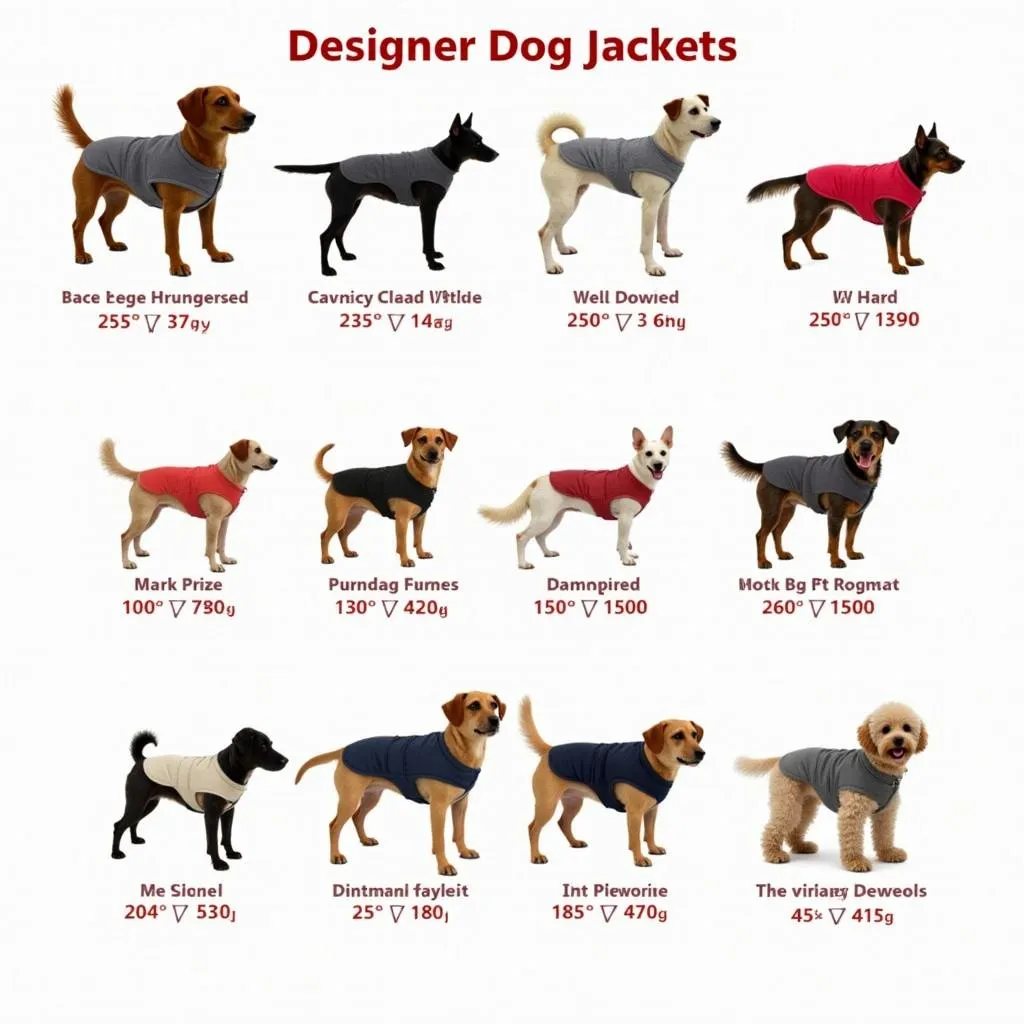 Variety of stylish designer dog jackets in different colors, styles, and sizes