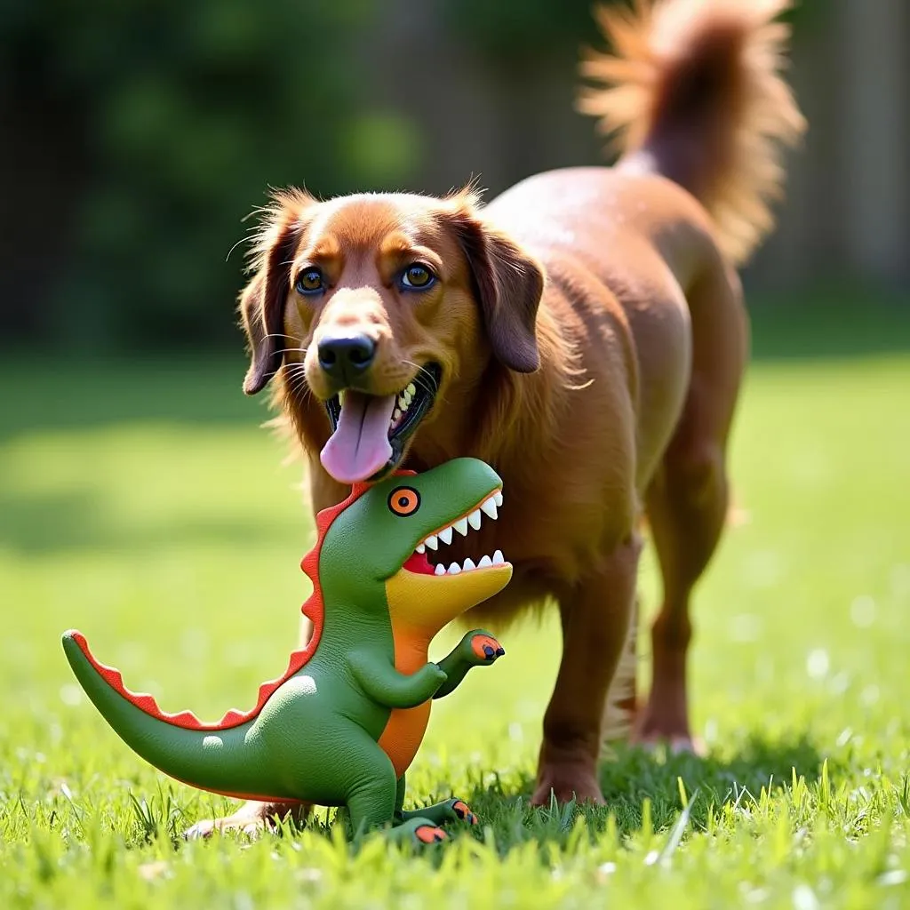 Happy dog playing with dinosaur squeaky dog toy