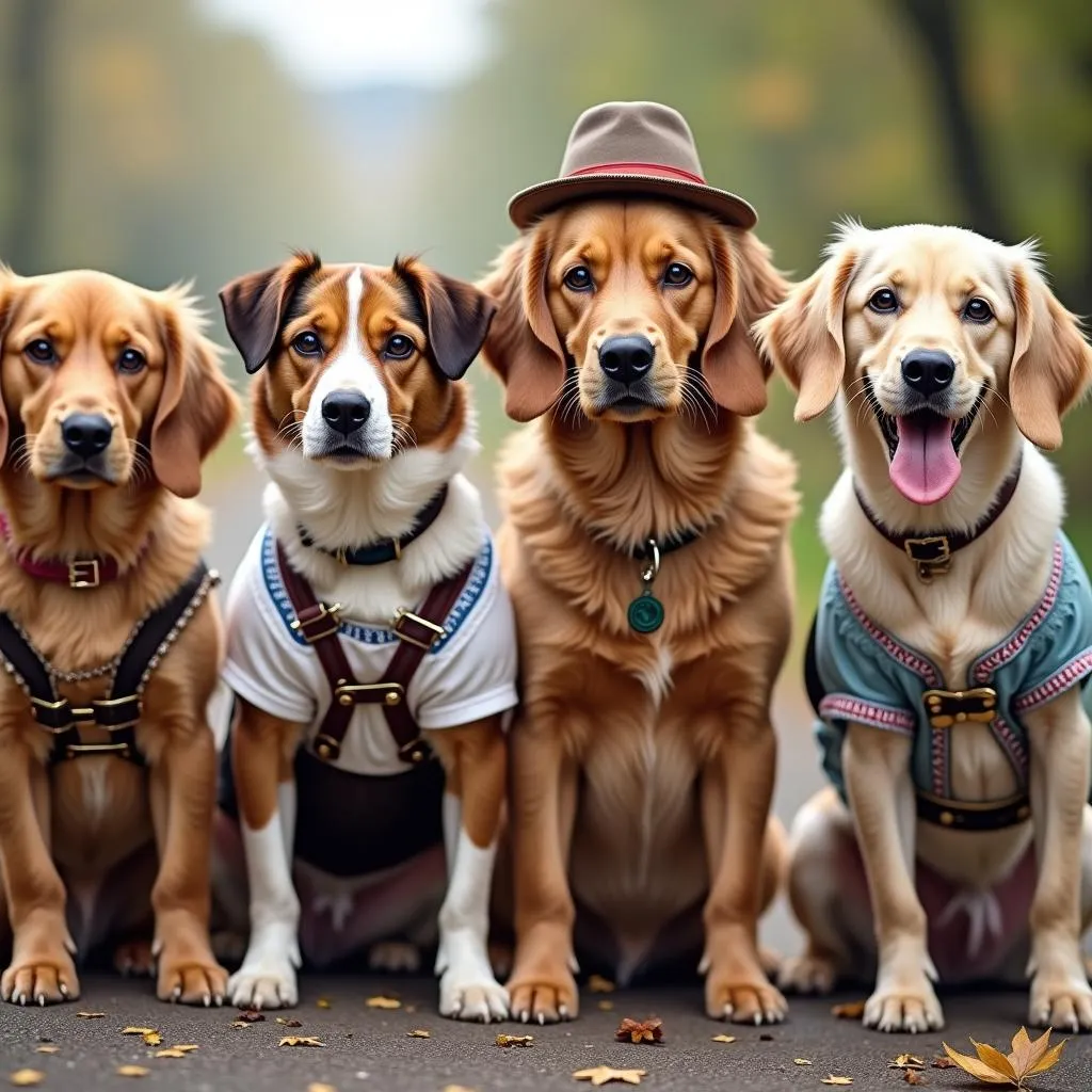 Group of Dogs Dressed in Dirndl Costumes for Oktoberfest